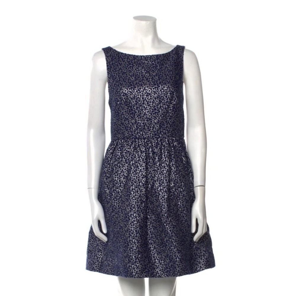 Alice + Olivia Mini Dress Womens 8 Blue Silver Excellent Open Back A-Line Print